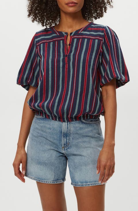 Zephyr Embroidered Stripe Bubble Hem Cotton Top