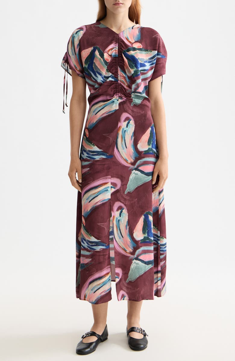 Scotch & Soda Short Sleeve Drawstring Maxi Dress, Main, color, Abstract Mountain