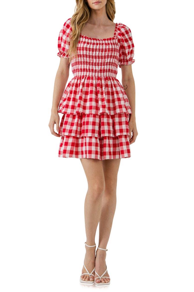 Gingham Smocked Minidress, Main, color, RED
