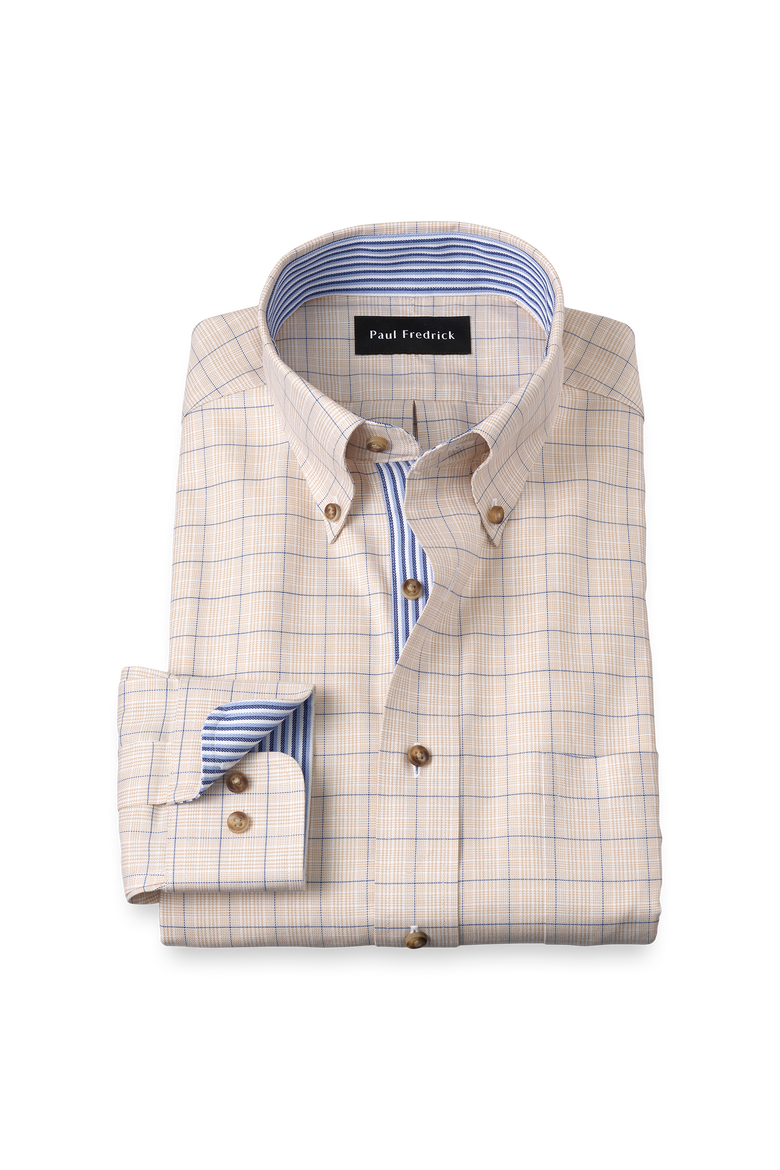 Cotton Buttondown Collar Twill Slim Contrast Trim Button Cuff Long Sleeve, Main, color, Tan