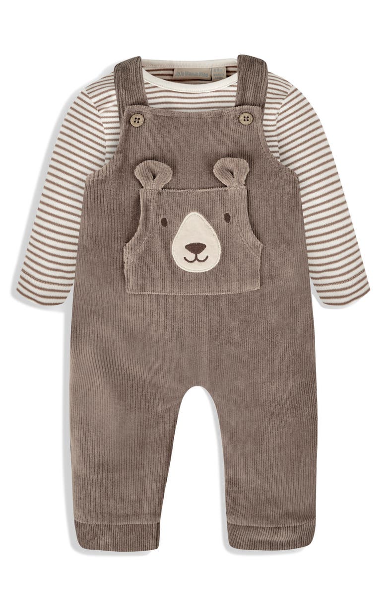 JOJO MAMAN BEBE Stripe Long Sleeve Bodysuit & Bear Appliqué Overalls Set, Main, color, 