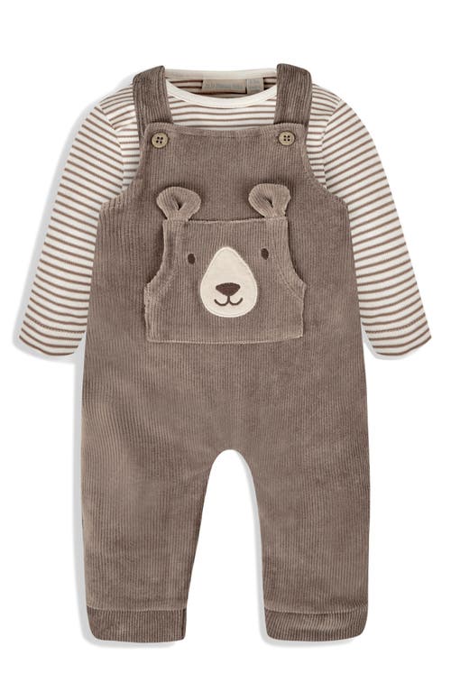 Jojo Maman Bébé Jojo Maman Bebe Stripe Long Sleeve Bodysuit & Bear Appliqué Overalls Set In Fawn