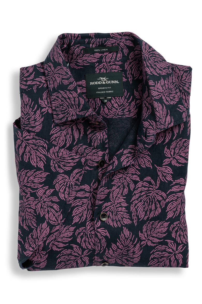 Yelverton Sport Fit Frond Print Short Sleeve Linen Button-Up Shirt, Alternate, color, DEEP SEA