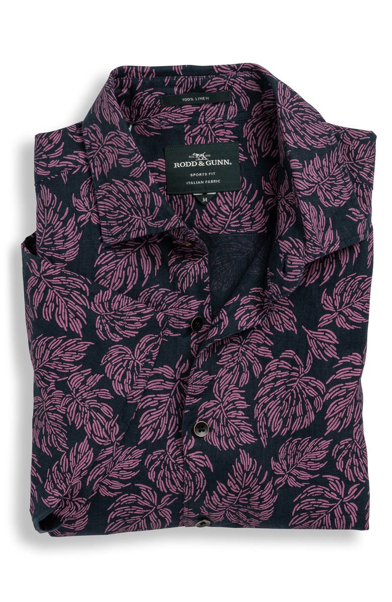 Rodd & Gunn Yelverton Sport Fit Frond Print Short Sleeve Linen Button-Up Shirt, Alternate, color, Deep Sea