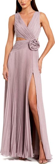 送料関税込■Mac Duggal■フローラル■Aラインドレス■ One Sleeve Ruched Chiffon Gown With 3D Flower - Mac Duggal