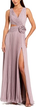Mac Duggal Ruched Chiffon Sleeveless Gown With 3D Flower