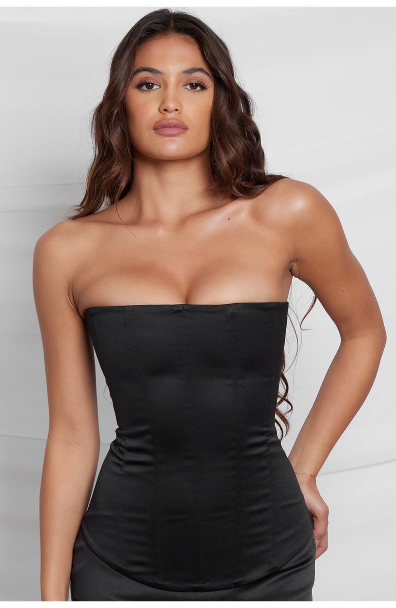 LEAU Sphynx Satin Corset Top, Alternate, color, Black