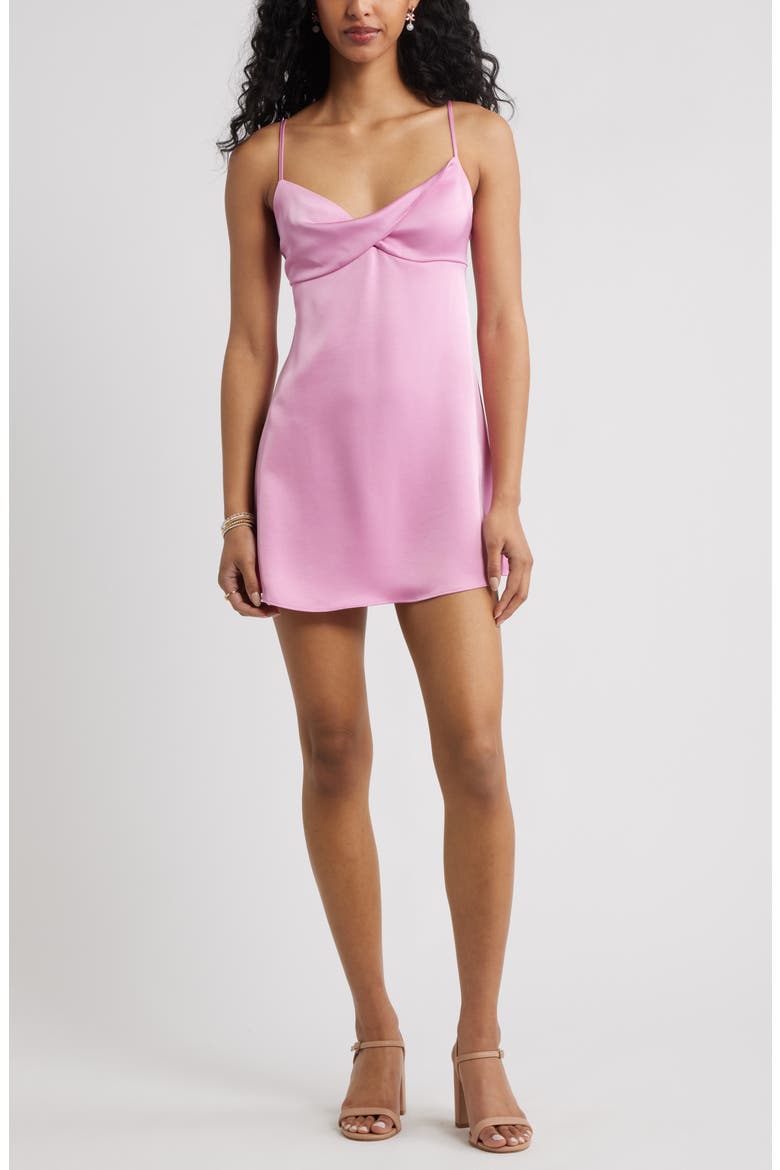 Twist Front Satin Minidress, Main, color, PINK MOONLITE