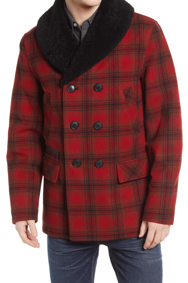 Tribeca Genuine Shearling Trim Plaid Coat, Alternate, color, RED/CHARCOAL/DEEP OLIVE PLAID
