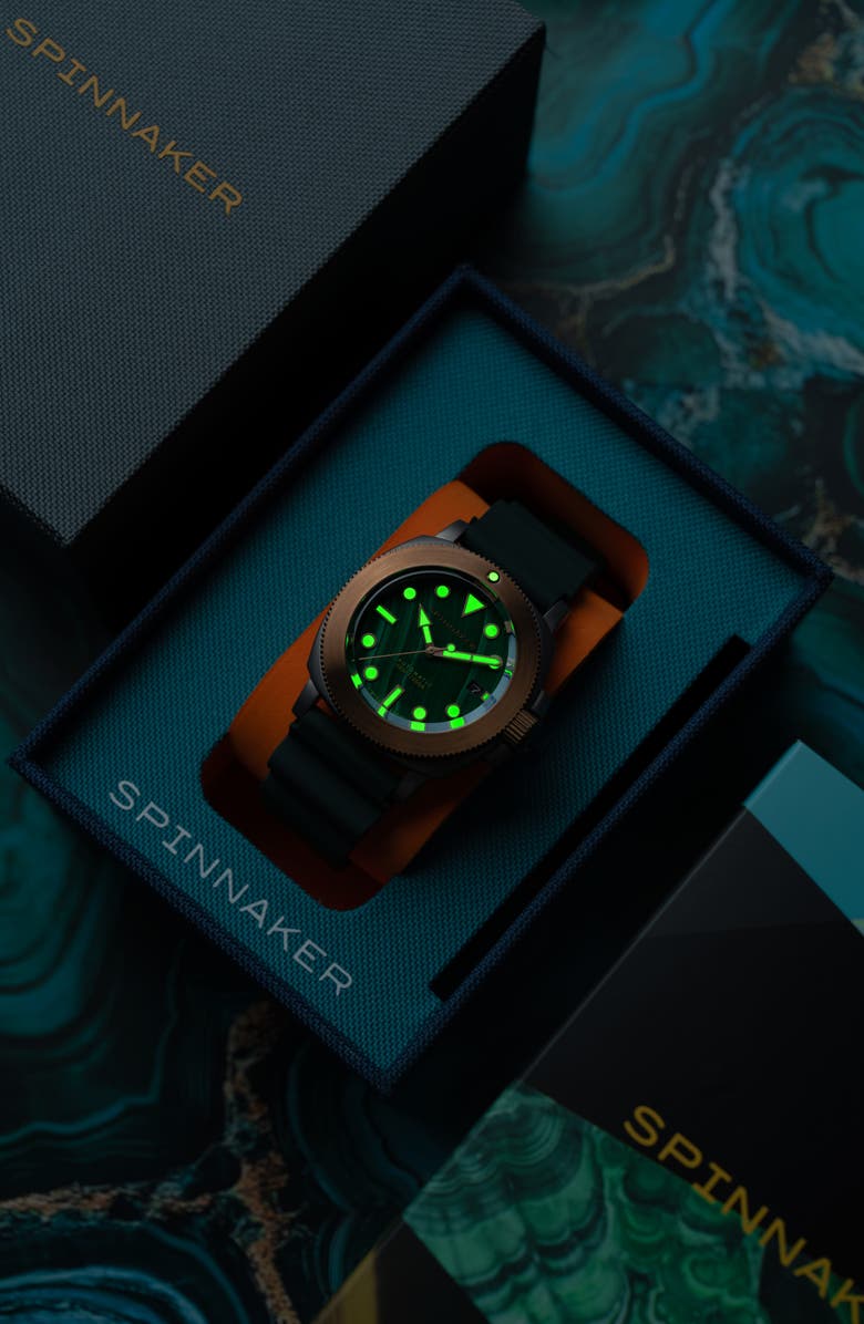 SPINNAKER Hull Titanium Bronze Automatic Lapidary Malachite Silicone Strap Watch, 42mm, Alternate, color, 