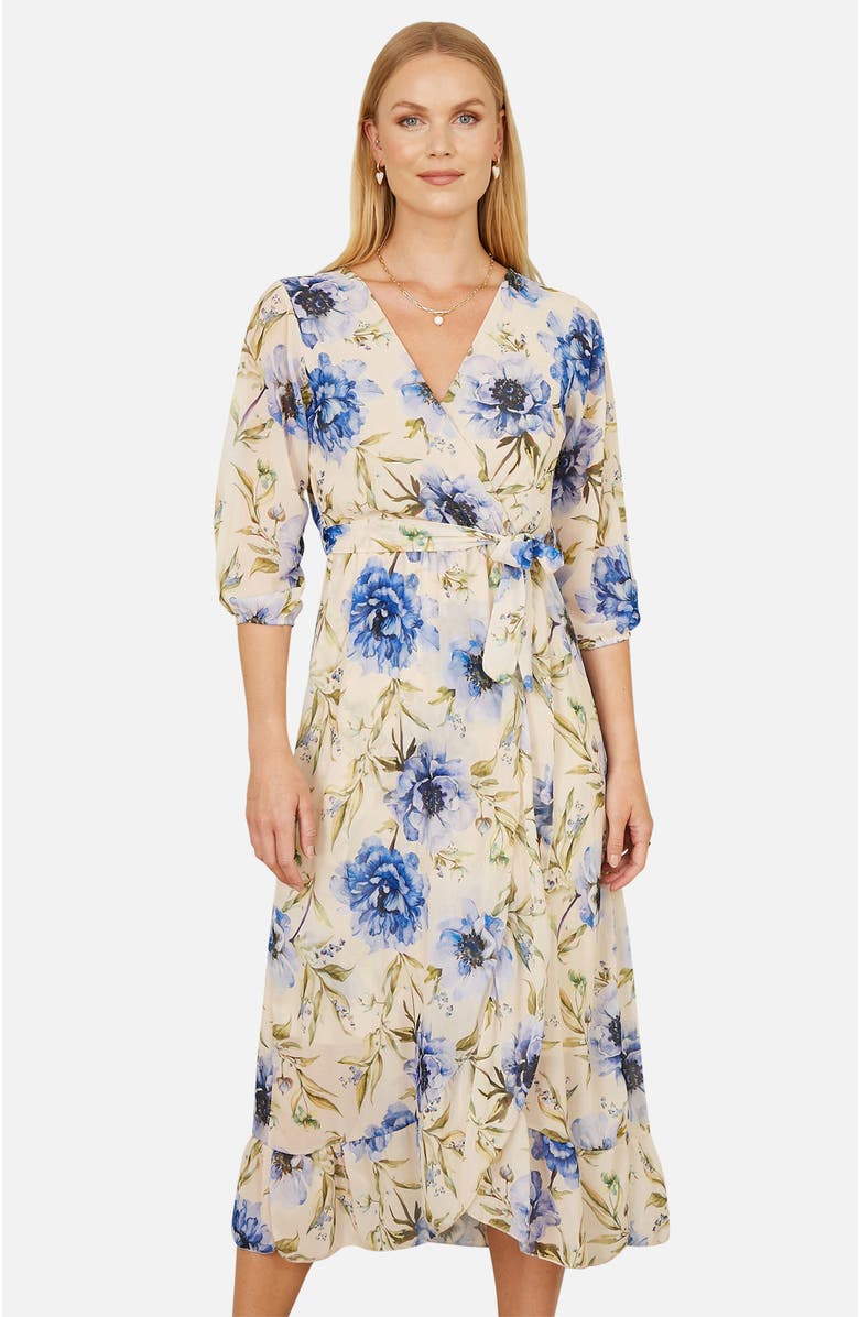 Yumi 3/4 Sleeve V-Neck Wrap Midi Dress, Alternate, color, Cream