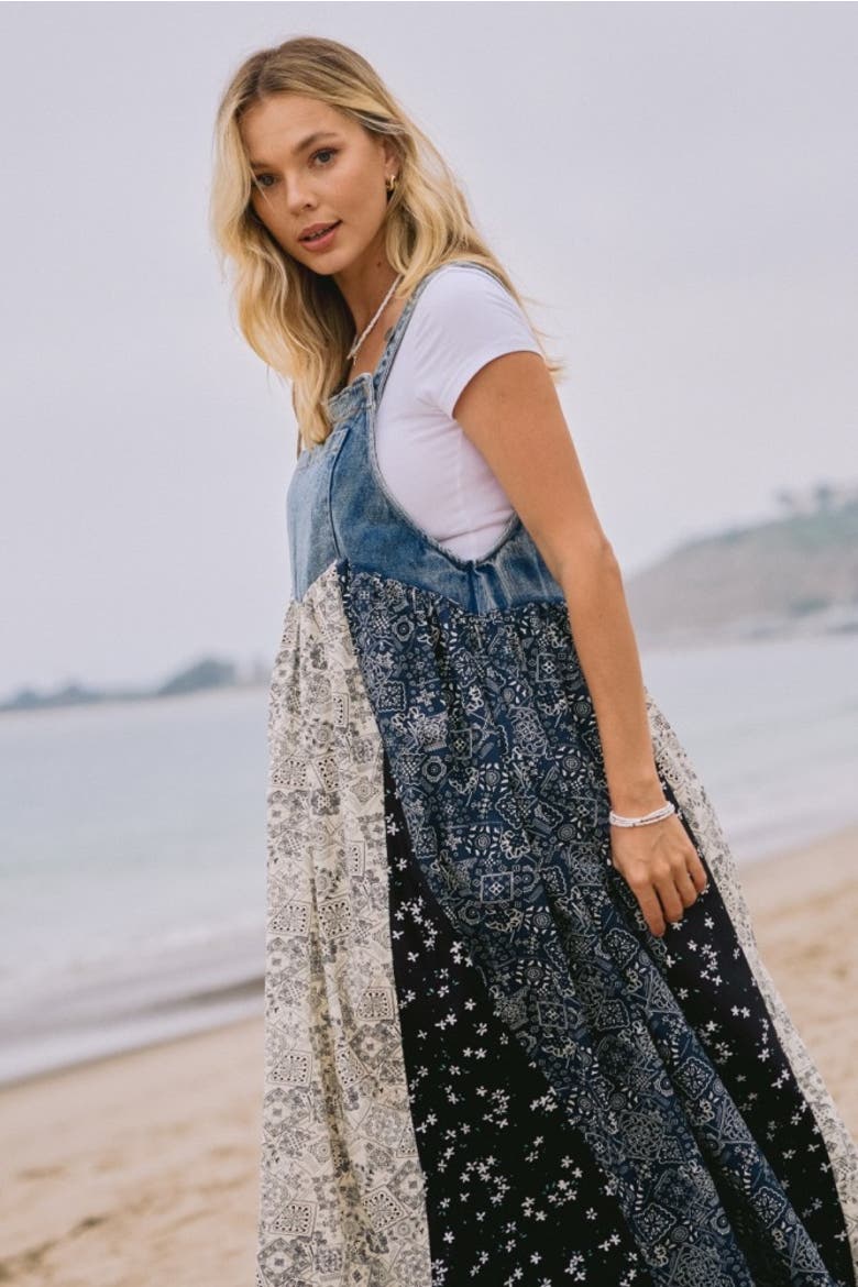Floral Colorblock Print Denim Contrast Dress, Alternate, color, Blue