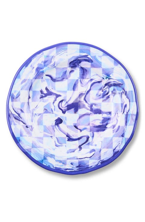 Set of 4 Blue Marble Check Melamine Dinner Plates