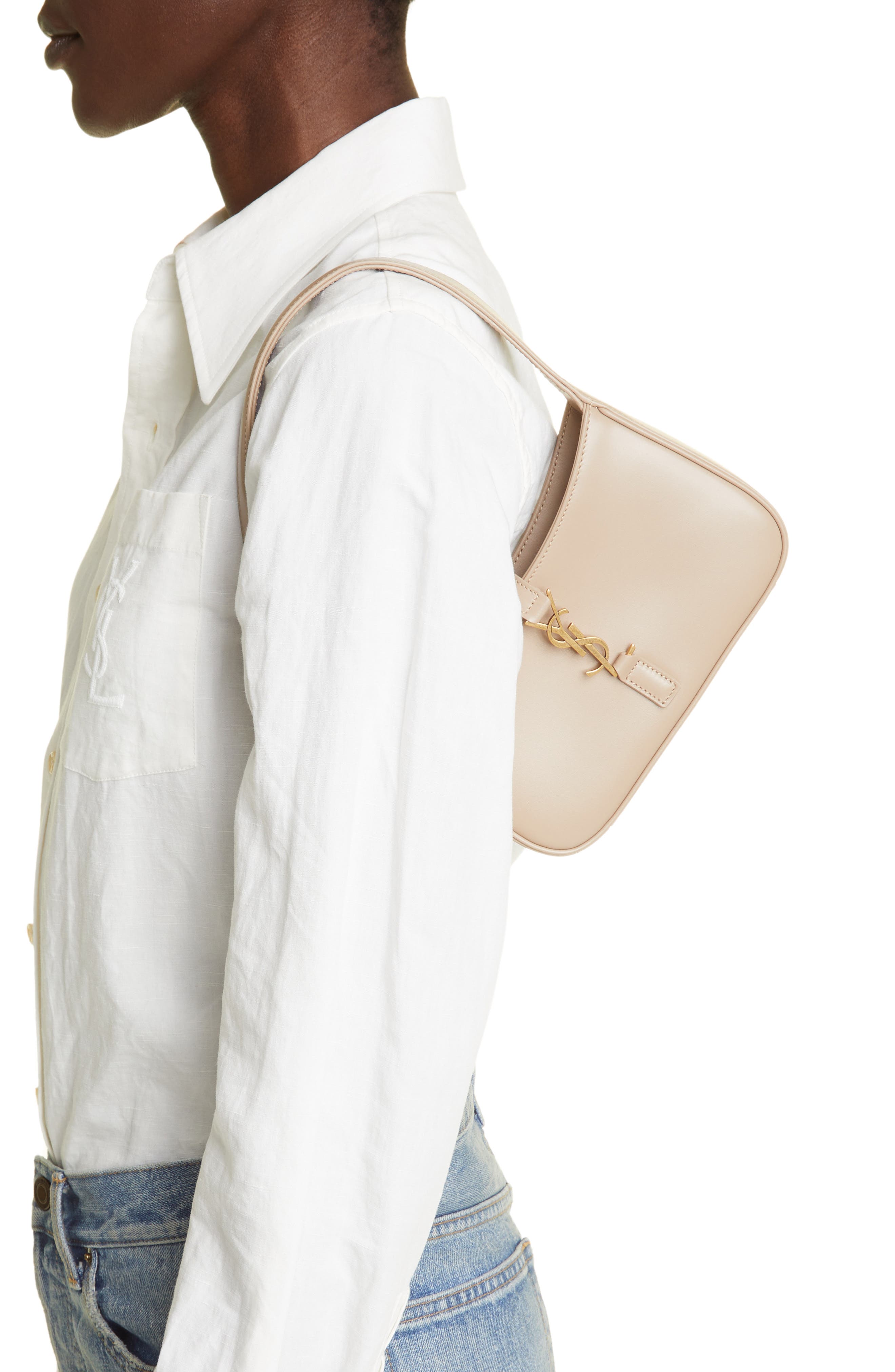 Saint Laurent Micro Le 5 à 7 Leather Hobo, Alternate, color, Dark Beige