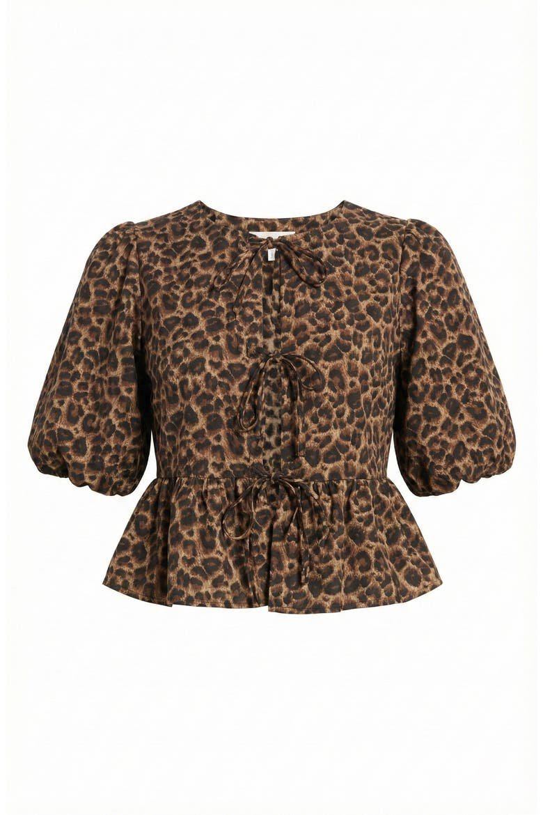 Peplum Top With Front Tie Closures And Short Puff Sleeves, Alternate, color, Leopard Print