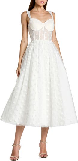 white christmas dresses Mac Duggal #27539 Polka Dot Bustier A Line Midi Dress Black – Shaide  Boutique main image 0