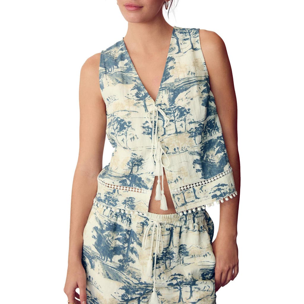 Next Tree Print Tie Front Top In Blue Palm Print