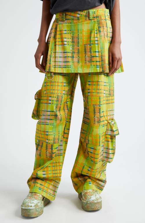 Collina Strada Lawn Plaid Skirt Overlay Cargo Pants in Lime Plaid 