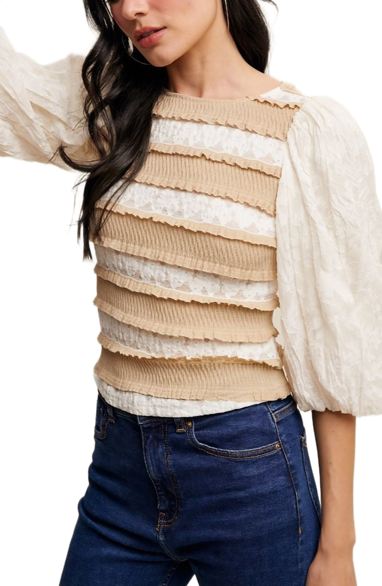 Knit and Lounge Puff Sleeve Ruffle Trim Soft Floral Pattern Top, Alternate, color, 