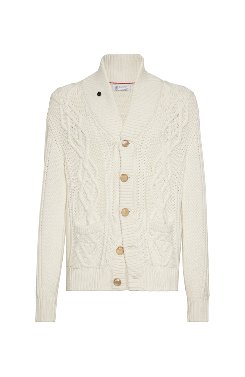Brunello Cucinelli Cashmere Cardigan With Cable Knit Design In Brown