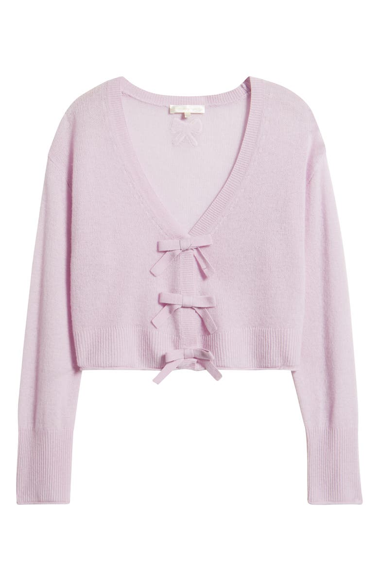 LoveShackFancy Luisella Bow Crop Cashmere Cardigan, Alternate, color, Clouded Rose