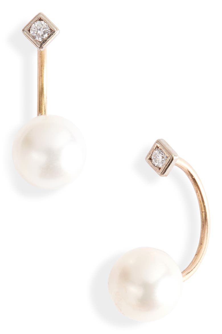Pearl & Diamond Threaded Earrings, Main, color, YELLOW GOLD/ PEARL