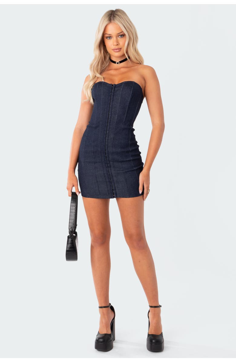 EDIKTED Sweetheart Neck Lace-Up Denim Corset Minidress, Alternate, color, 