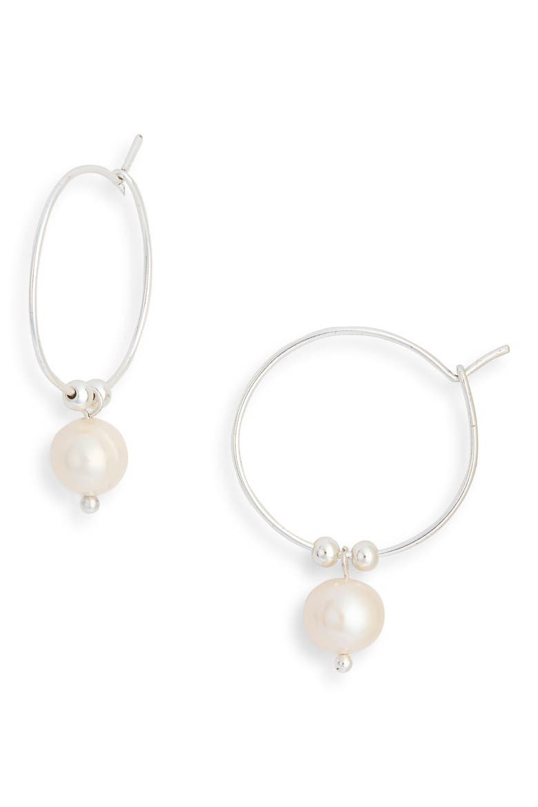 Faux Pearl Beaded Hoop Earrings, Main, color, SILVER