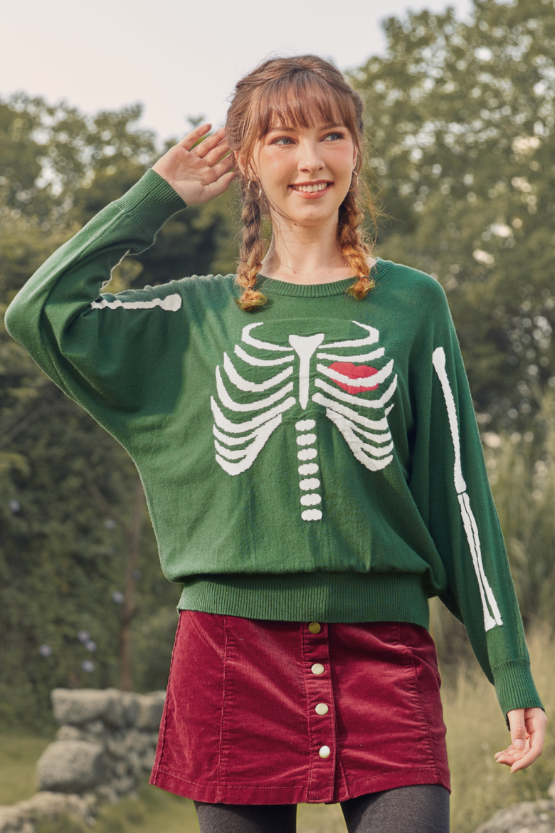 The Love Remains Pullover Skeleton Sweater, Alternate, color, Skelly Green