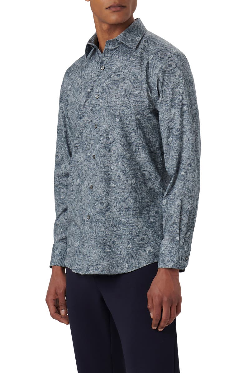 Bugatchi Axel Paisley Print Stretch Cotton Button-Up Shirt, Alternate, color, Cement