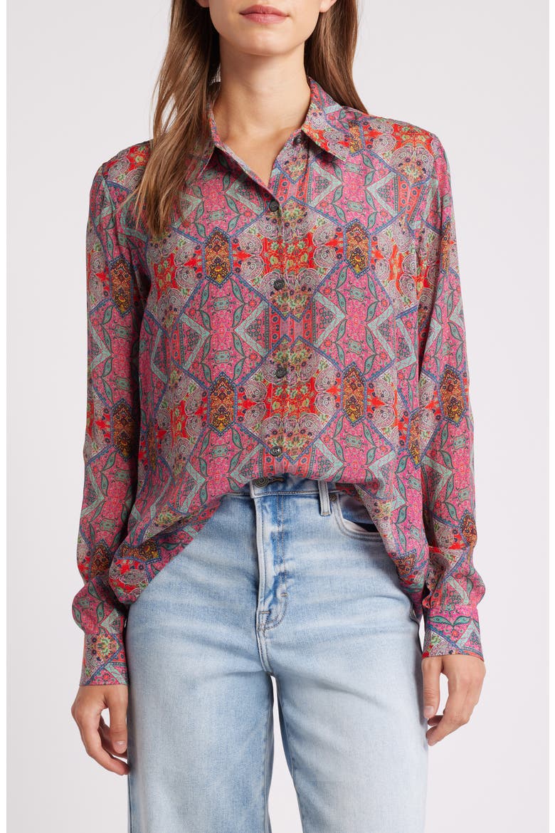 Print Roll-Up Sleeve Chiffon Button-Up Shirt, Main, color, PINK MULTI