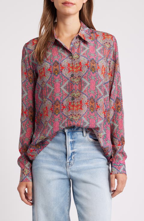 Print Roll-Up Sleeve Chiffon Button-Up Shirt