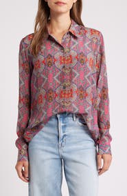 APNY Print Roll-Up Sleeve Chiffon Button-Up Shirt