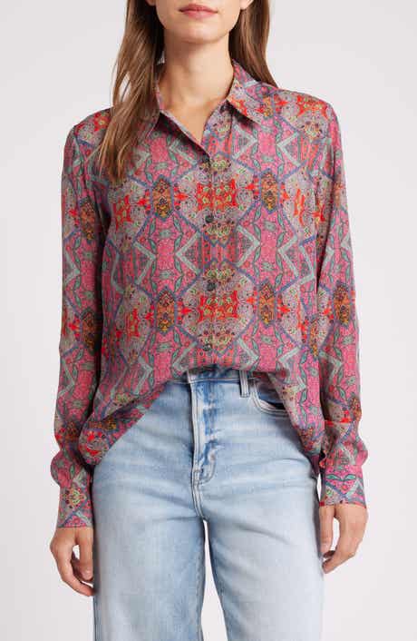 Print Roll-Up Sleeve Chiffon Button-Up Shirt