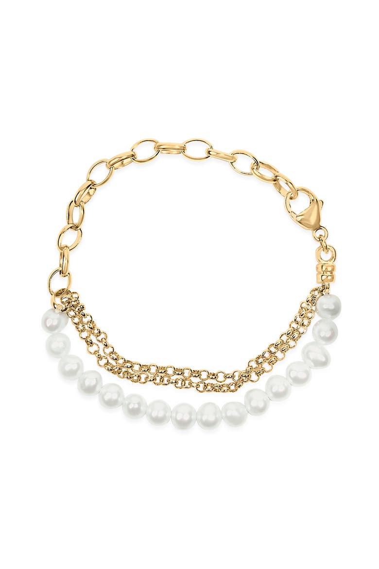 18K Yellow Gold Vermeil Cultured Pearl Station Link Bracelet, Alternate, color, Yellow Gold over Silver