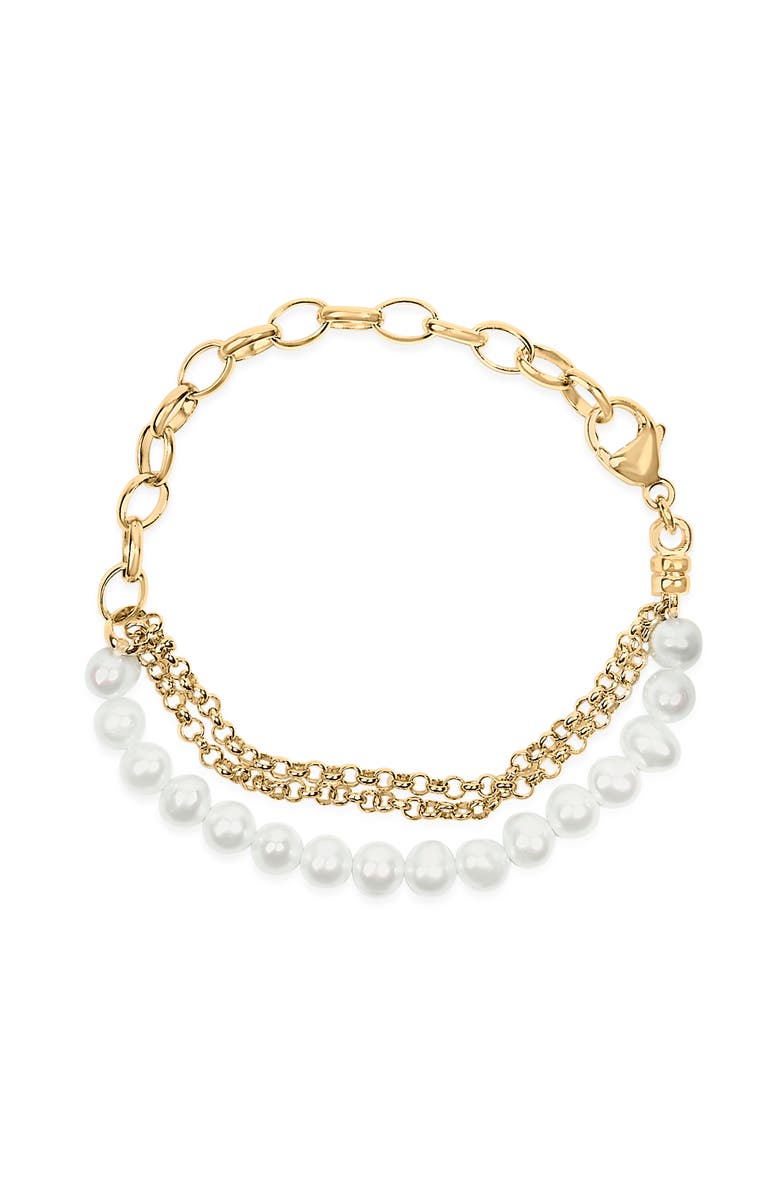 Haus of Brilliance 18K Yellow Gold Vermeil Cultured Pearl Station Link Bracelet, Alternate, color, Yellow Gold Over Silver