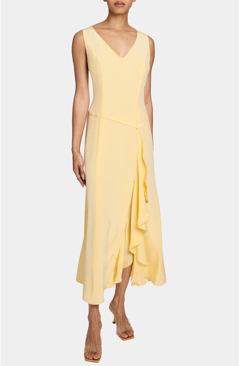 Santorelli EMERSON Sleeveless Silk Midi Dress with Skirt Side Cascading Ruffles, Alternate, color, Chamomile