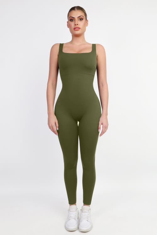Popilush Shapewear Square Neck Thigh Slimming Workout Jumpsuit In Jade Green