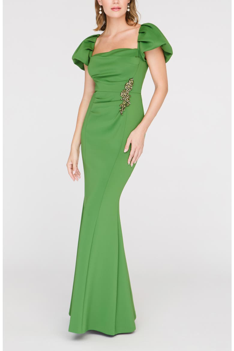 Scotlyn Puff Sleeve Gown, Alternate, color, DEEP GREEN