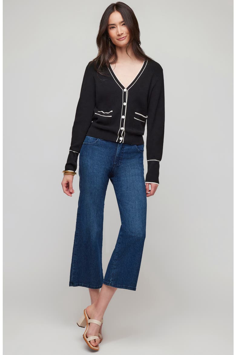 Contrast Trim Cardigan, Alternate, color, BLACK W/ OFF WHITE