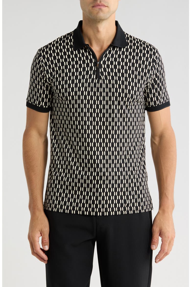Geometric Print Quarter Zip Polo, Main, color, BLACK