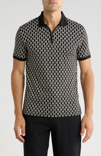 Cactus Man Geometric Print Quarter Zip Polo In Black