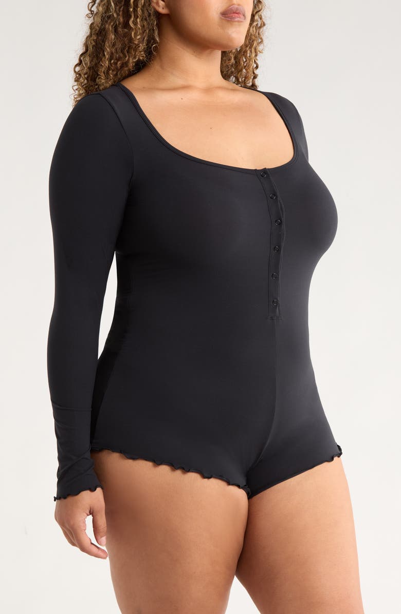 SAVAGE X FENTY Snug Hug Ruffle Sleep Romper, Alternate, color, Black Caviar