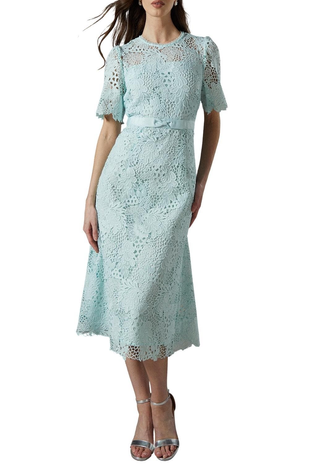 cream cord lace bow midi dress midi cord dress Cream Cord Lace Bow Midi Dress self-portrait-US