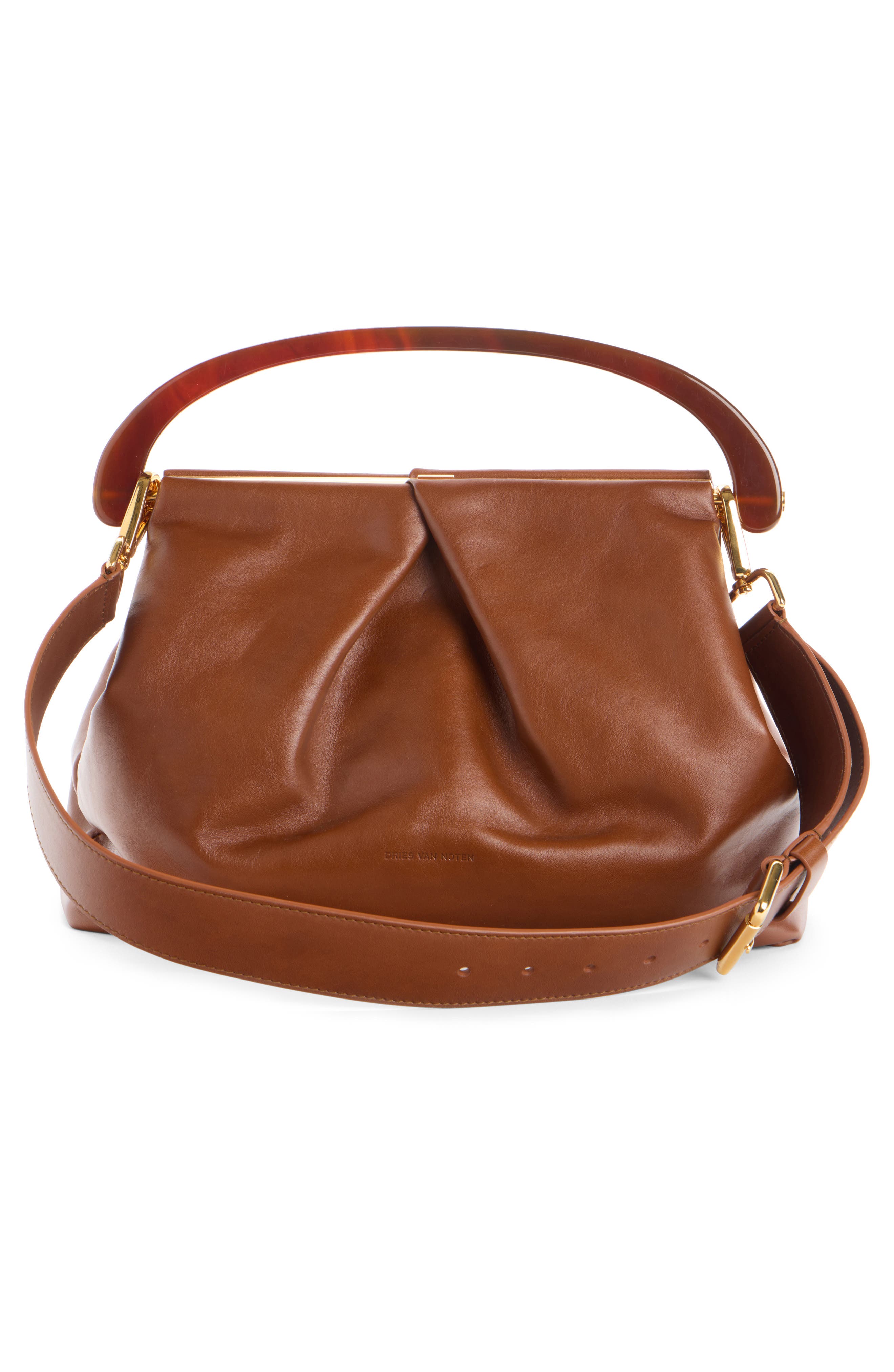 Dries Van Noten Pleated Leather Top Handle Bag, Alternate, color, Tan 712