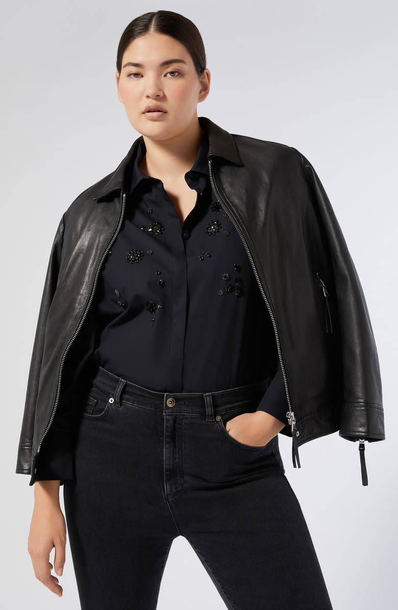 Marina Rinaldi Uganda Embellished Oversize Cotton Button-Up Shirt, Alternate, color, Black