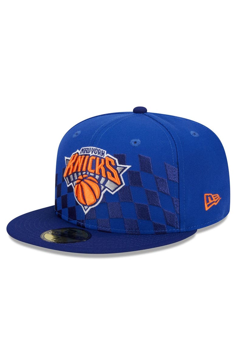 New Era Men's New Era Blue New York Knicks Rally Drive Checkerboard 59FIFTY Crown Fitted Hat, Alternate, color,