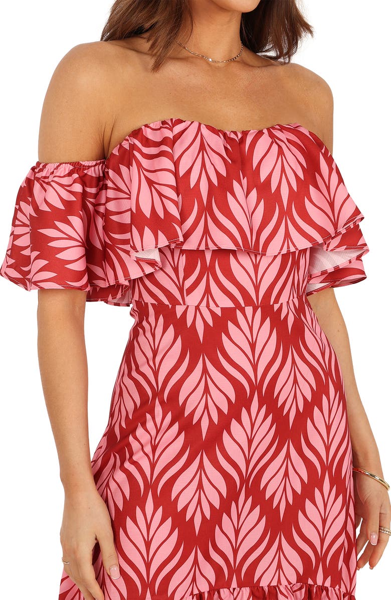 Petal & Pup Neoma Off the Shoulder Midi Dress, Alternate, color, Red Palm Print