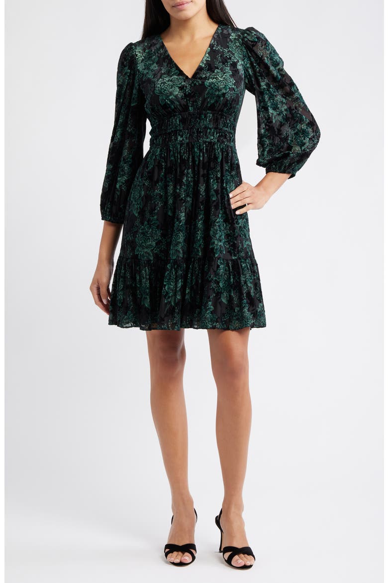 Velvet Floral Long Sleeve Dress, Main, color, HUNTER