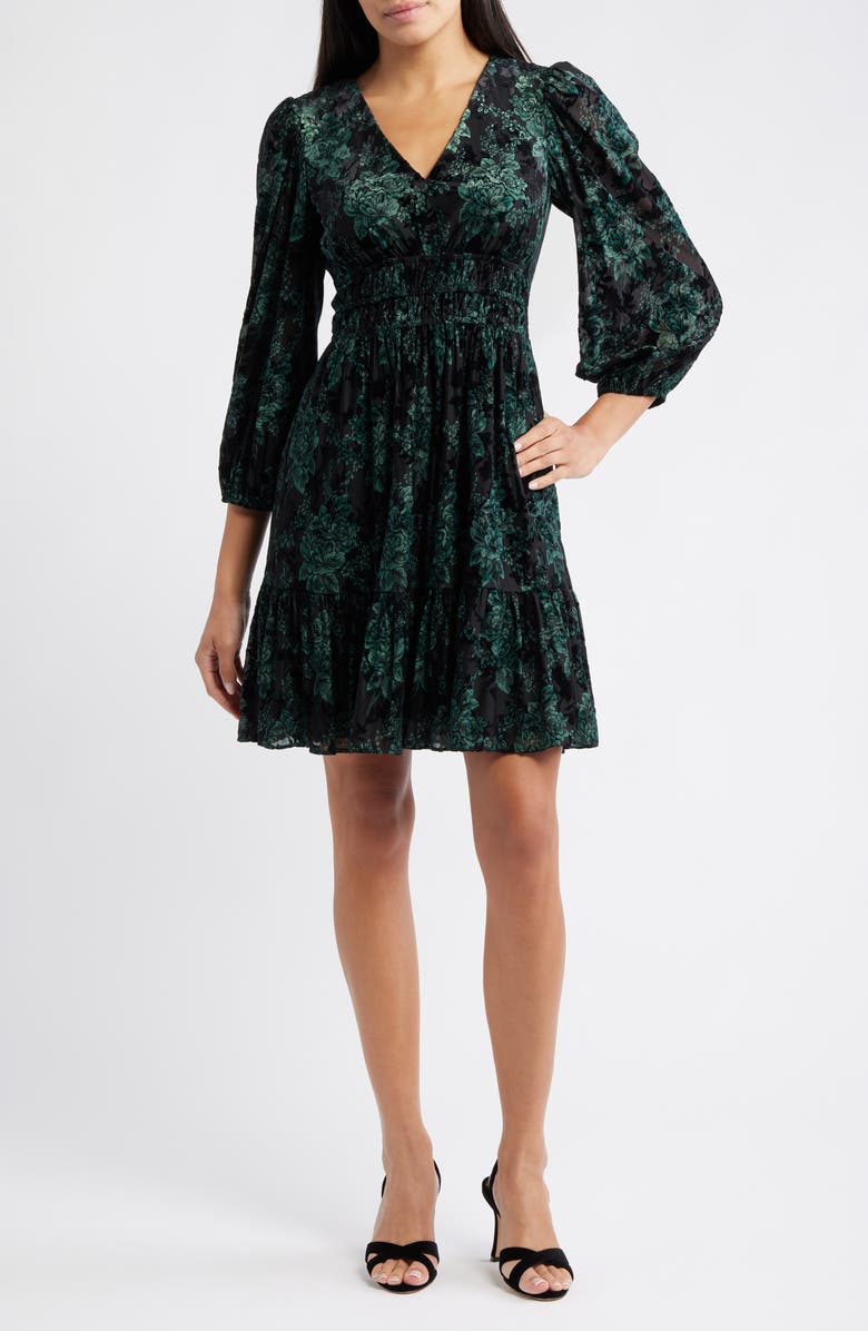 Eliza J Velvet Floral Long Sleeve Dress, Main, color, Hunter